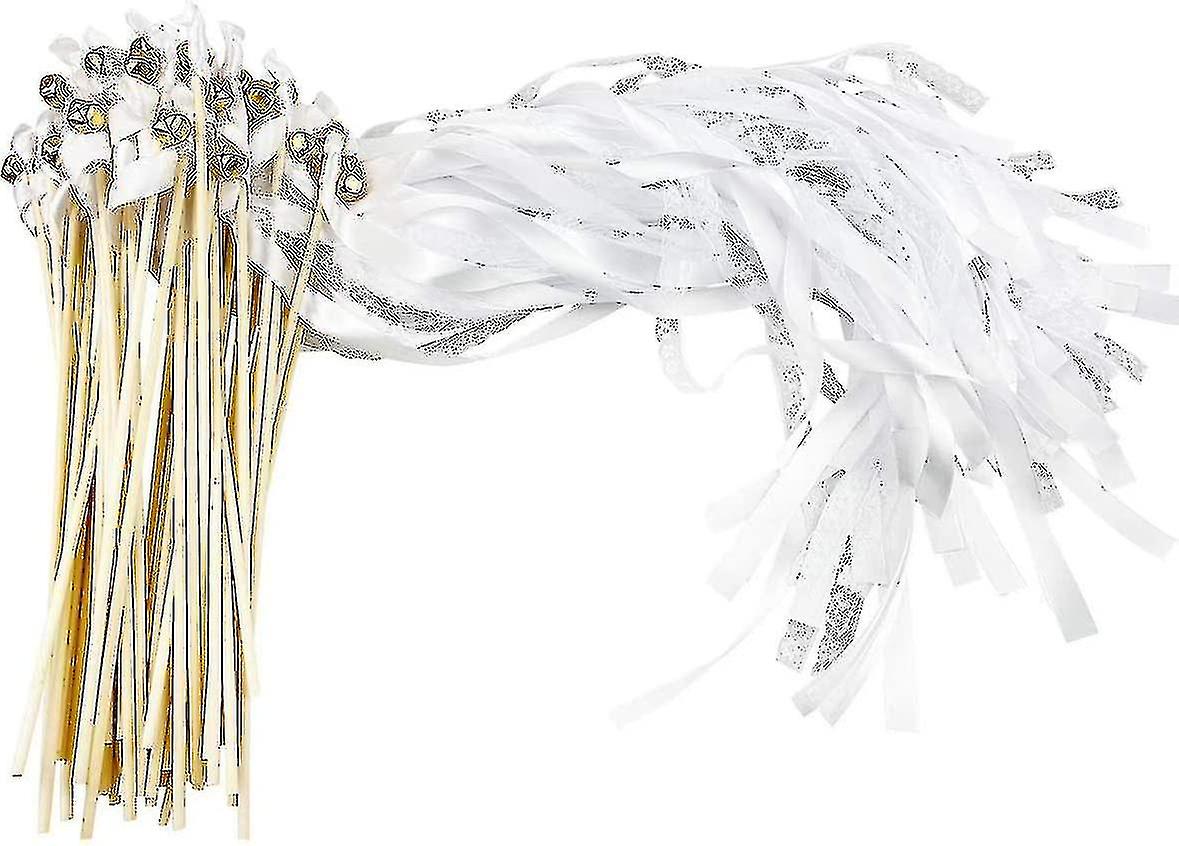 ベル付きウェディングバナー25枚セット、結婚式や出産前パーティー用のシルク製妖精の杖（白）