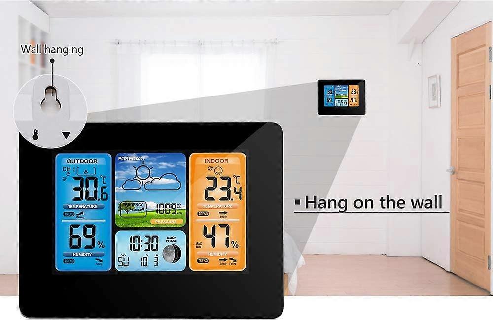 תחזית צבע דיגיטלית של תחנת מזג אוויר אלחוטית עם התראה וטמפרטורה/לחות/ברומטר/שעון מעורר/שעון ירח/מזג אוויר עם חיישן חיצוני Blac