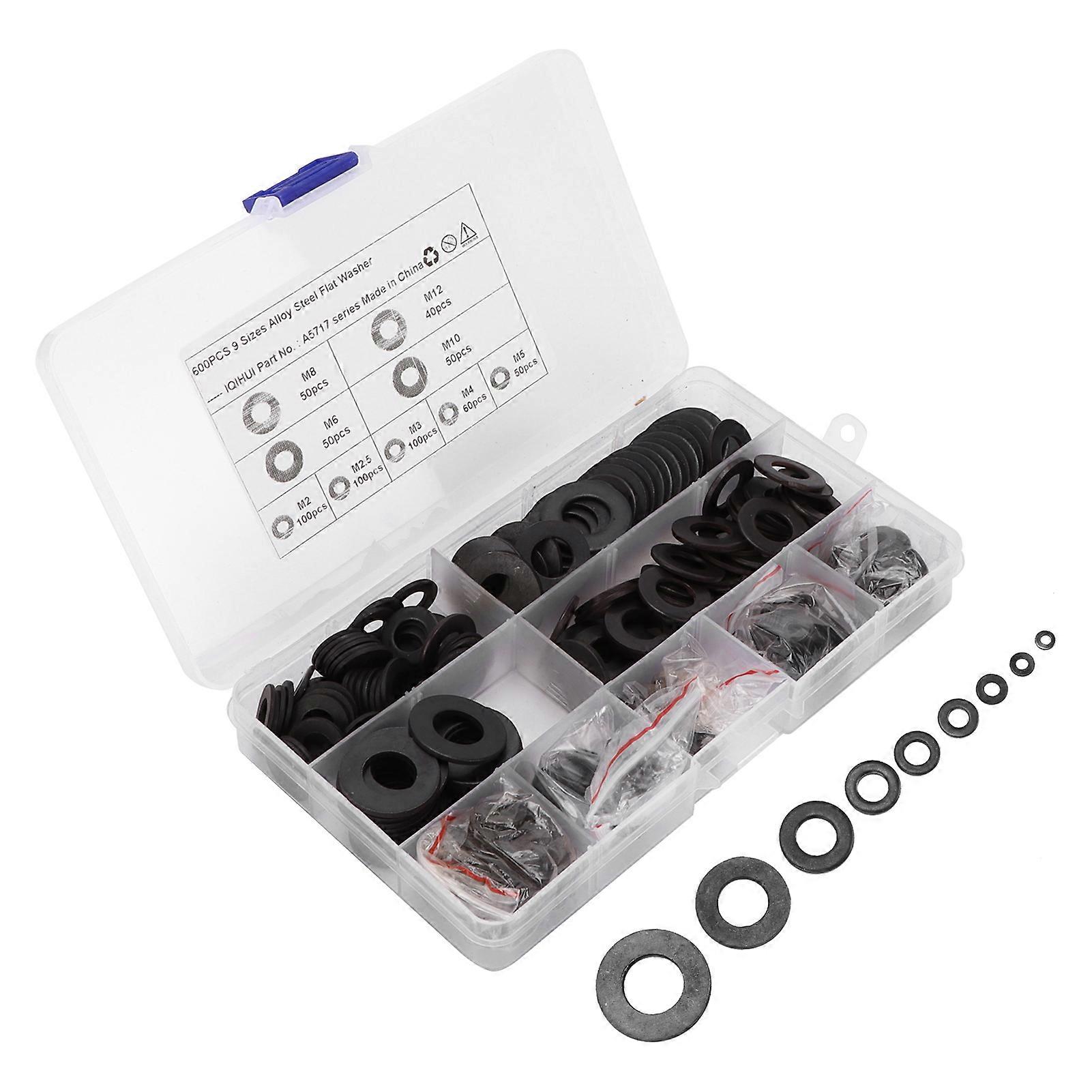 600pcs Flachscheiben Sortiment M2 M2,5 M3 M4 M5 M6 M8 M10 M12 Kohlenstoffstahl Hardware für Auto zu Hause