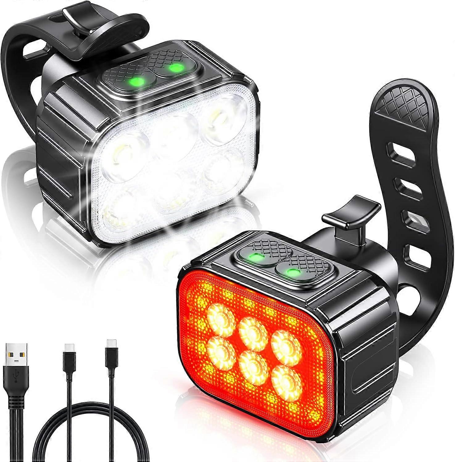 Bike Lights Set Super Bright, USB Rechargeable Lights Front and Back with Spot & Flood, IP65 Waterproof for Night Riding Lighting
