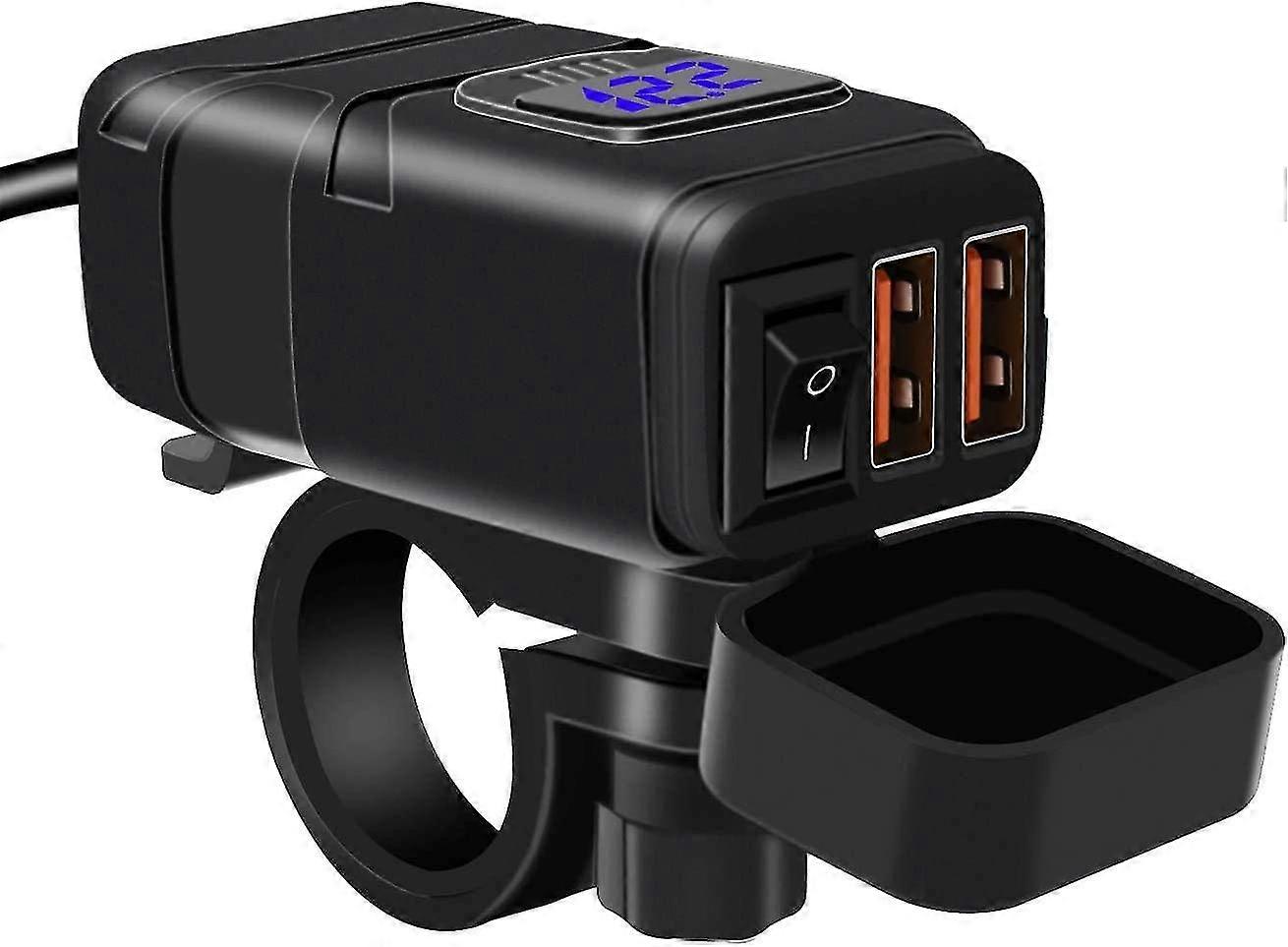 Motorcycle Usb Charger, Qc 3.0 Usb Socket And 6-30v Led Voltmeter, Waterproof Motorbike Usb Adapter With On-off Switch For 12v (1set, Black)