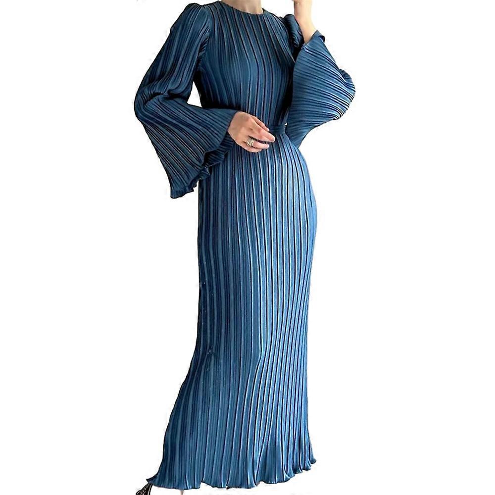 Flared Sleeves Long Sleeves Pleated Ruffled Solid Color Round-Neck Maxi Dresses