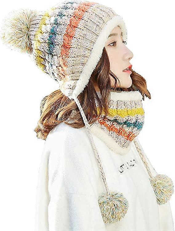 Mütze und Loop-Schal-Set für Damen und Mädchen, warme Strickmütze mit Bommel innen, dicker Flaum, Winter, warme Damen-Bommelmütze, Loop-Schal-Set