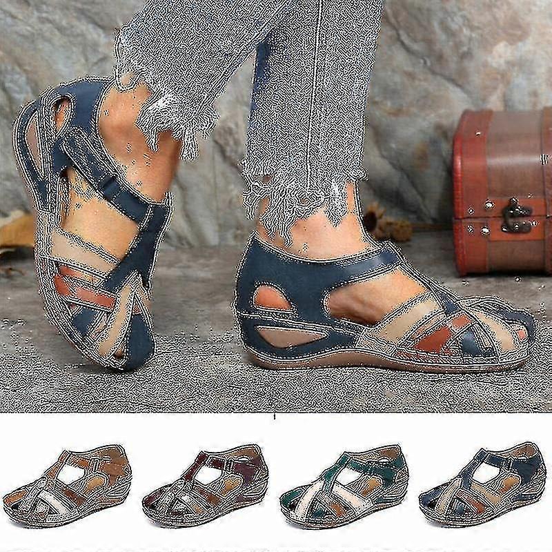Ortopedik Plus Sandalet Pu Deri Retro Kemer Desteği Rahat Yuvarlak Ayak Parmağı Sandalet Kadınlar İçin Toe