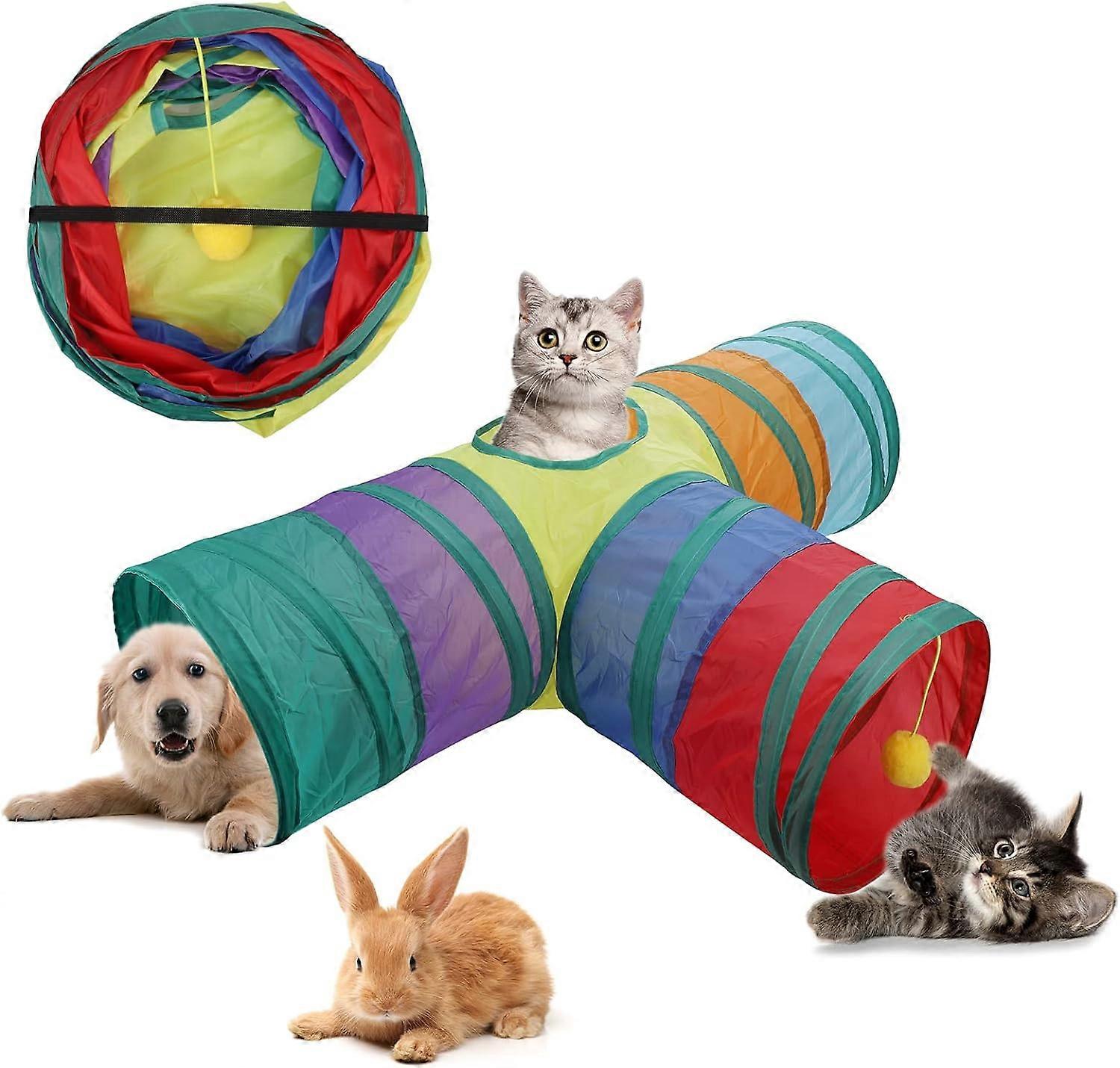 Cat Tunnel 3 Way, Lovely Rabbit Tunnel with Play Ball, Foldable Pet Tunnel for Bunny, Guinea Pig, Kitten and Other Small Animals Exercising(Colorful)