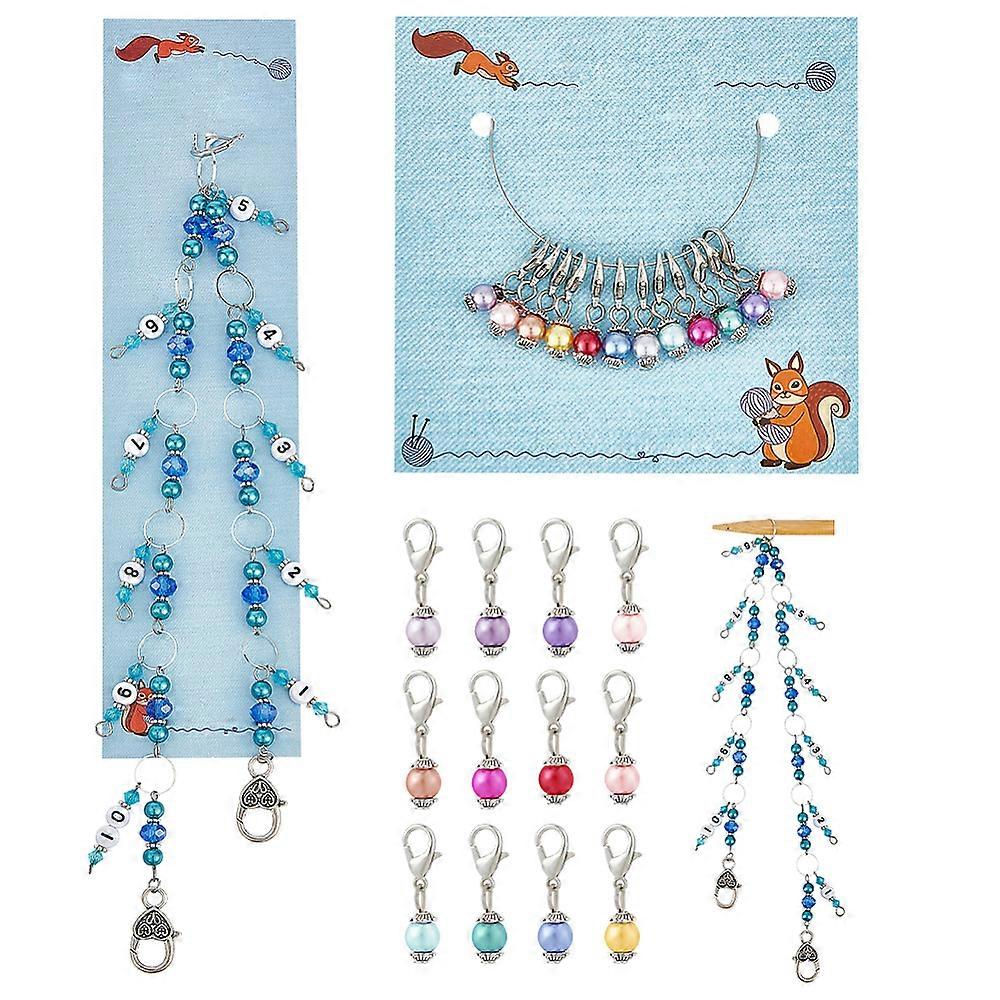 Knitting Row Counter Chains & Locking Stitch Markers Kits with Acrylic & Glass Bead Mixed Color 2.5~46cm 13pcs/set
