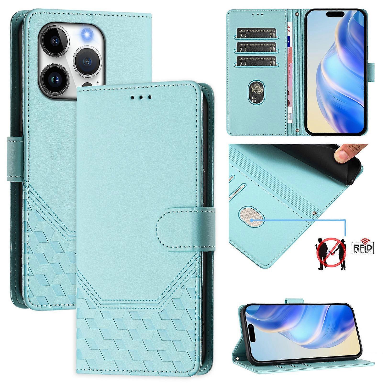 Compatible For iPhone 16 Pro Case Imprinted Honeycomb RFID Leather Phone Cover with Strap