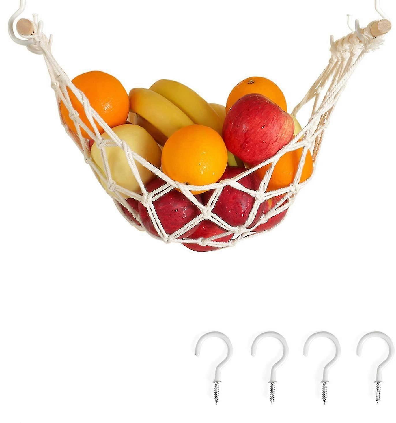 Hanging Fruit Hammock For Kitchen Under Cabinet, Macrame Fruit Basket For Bananas And Fruit Storage