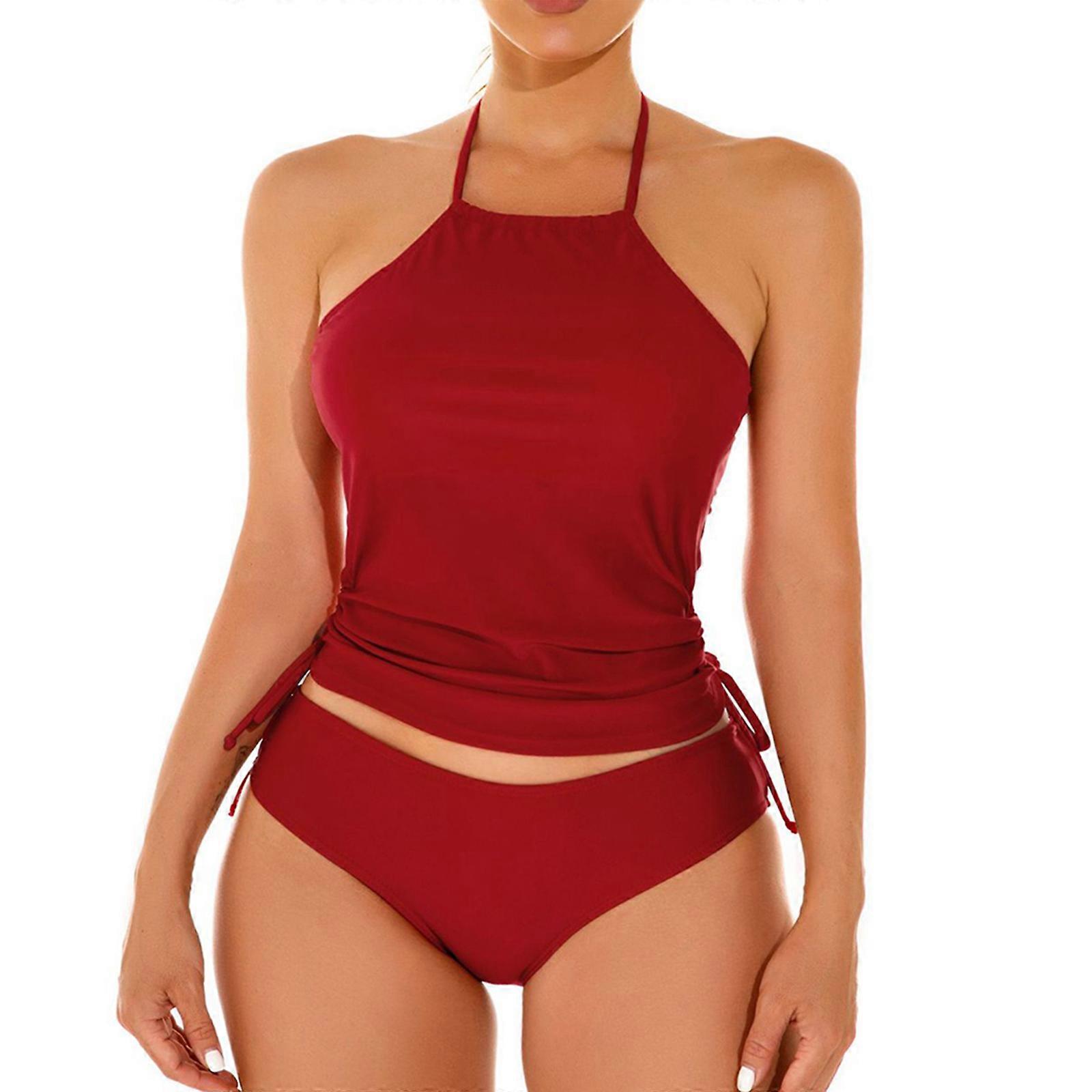 Women Halter Tankini Hipster Bottom Bikini Set Soft Removable Padding Push Up Two Piece Bathing Suit for Swimwear Claret XL