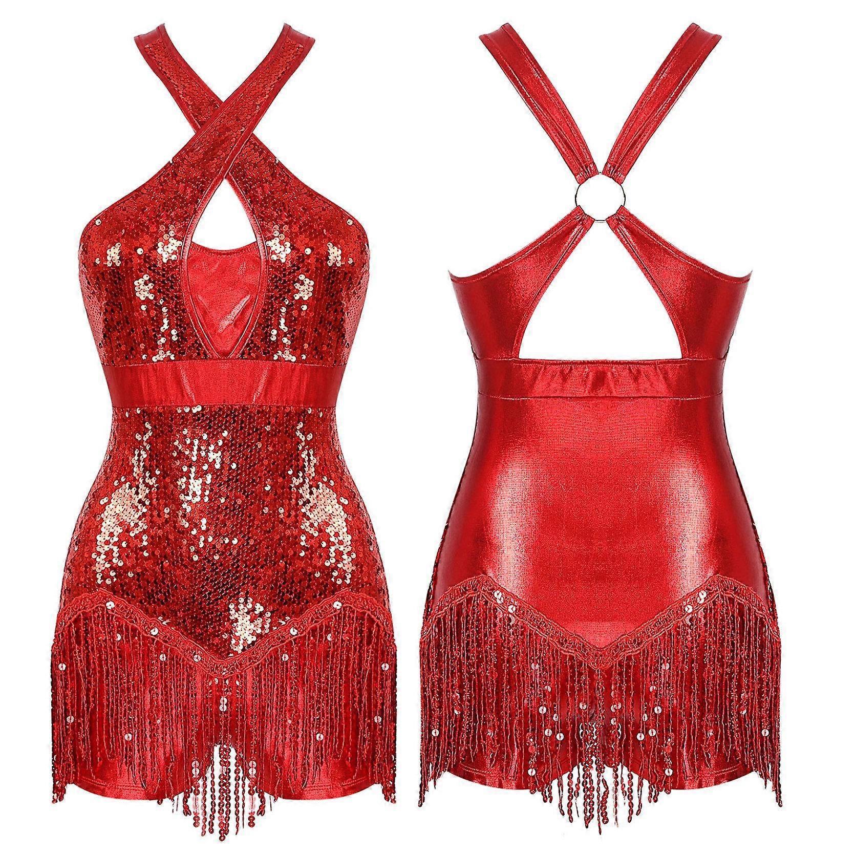 Women's One Piece Tassels Shiny Sequins Ballroom Latin Dance Leotard Flowy Fringe Bodysuit Dancewear
