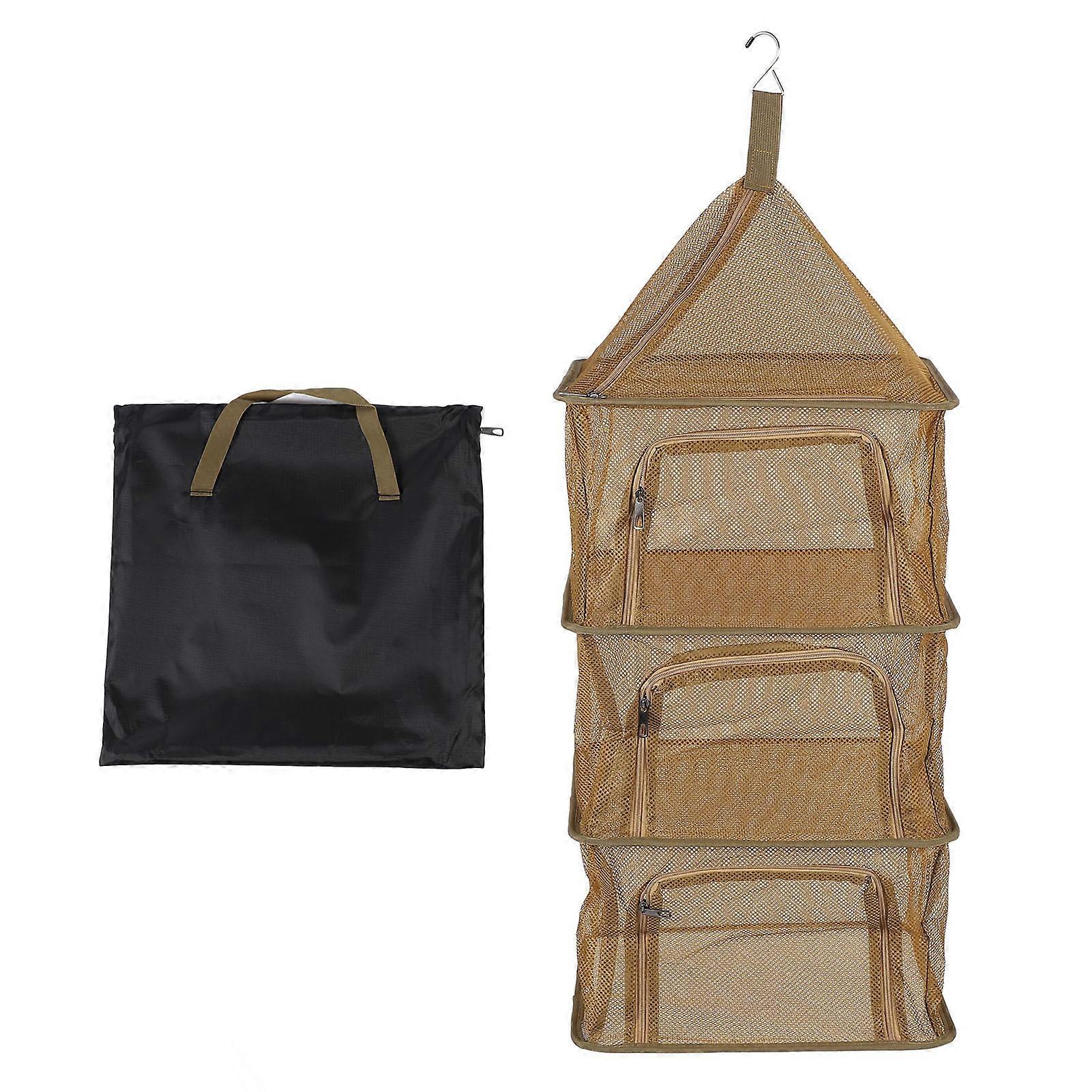 Hanging Drying Net Foldable 4 Layer Portable Multifunction Mesh Drying Rack for Fish Vegetable Tableware Fruit Khaki