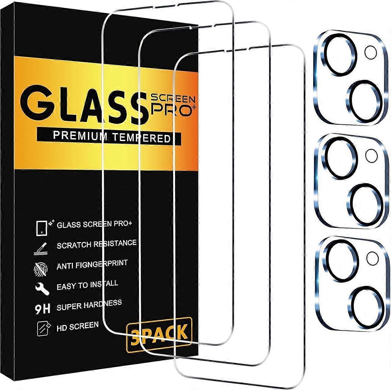 3 Pack Screen Protector for iPhone 15 Plus with 3 Pack Camera Lens Tempered Glass Protector, 6.7 Inch HD Clear 9H Hardness Full Coverage, Scratch Resi