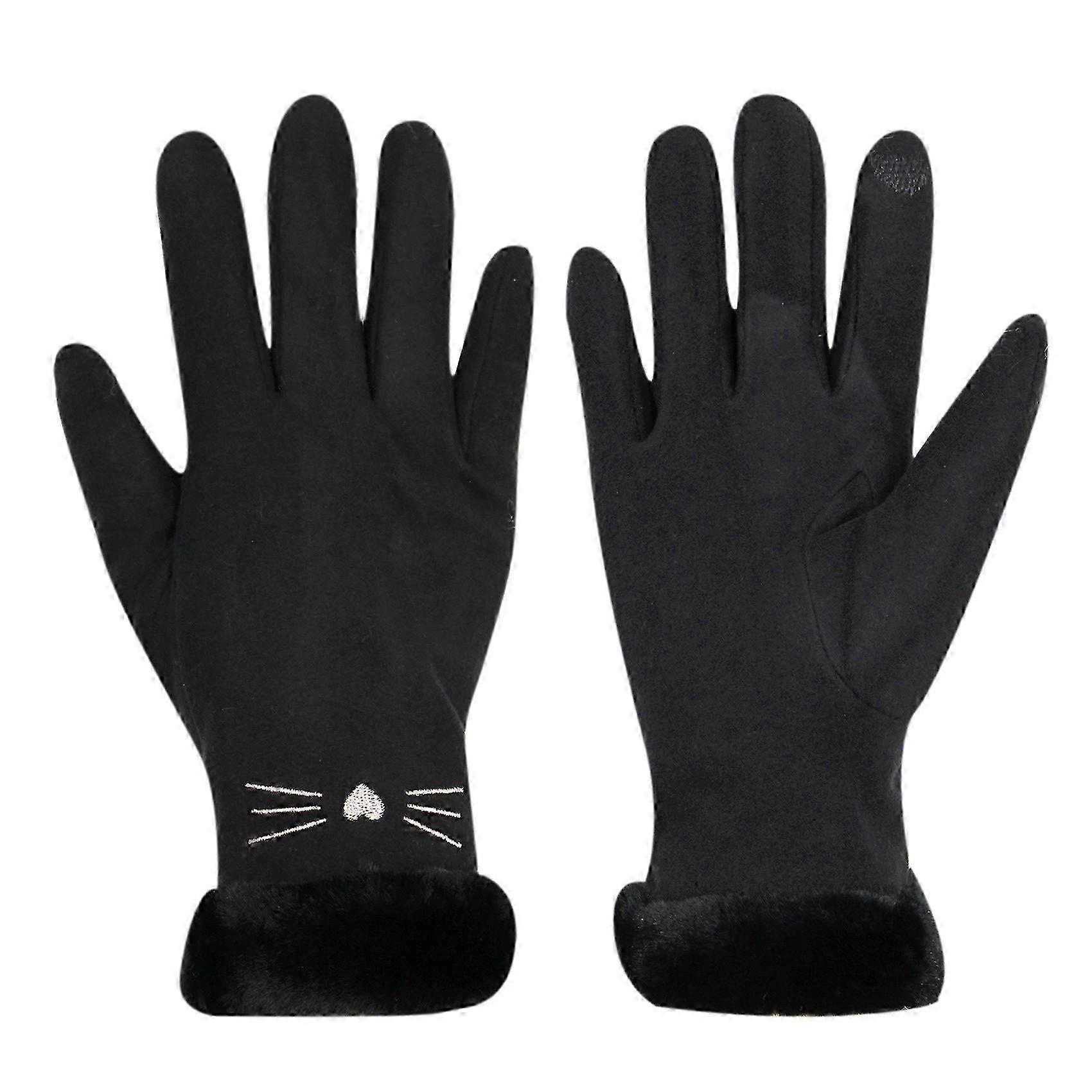 Luvas de camurça macia com estampa felina encantadora para mulheres com forro de lã aconchegante e luvas térmicas para clima frio