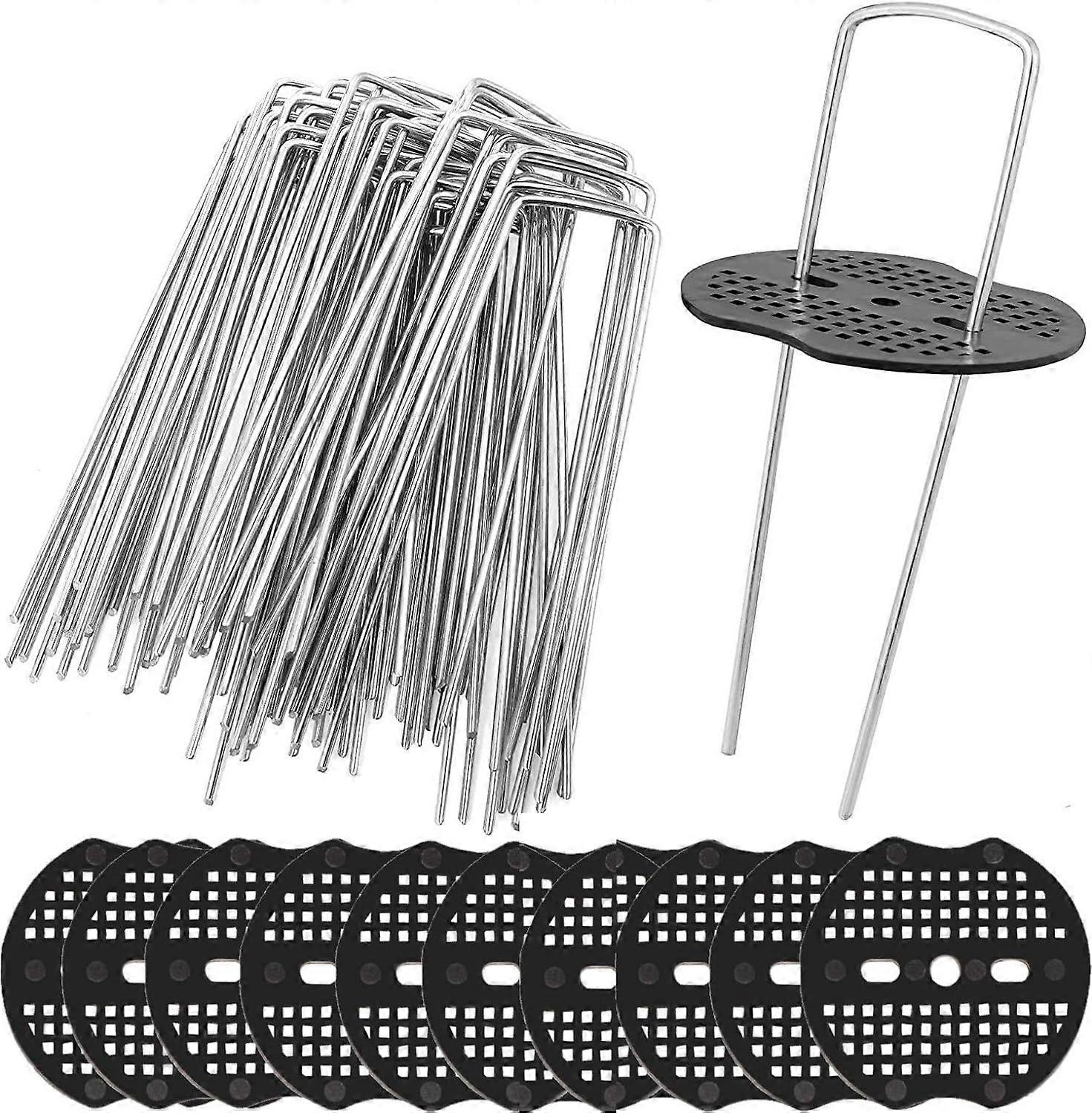 50 Pcs Garden Pegs Set, 15CM U Shape Rust Resistant Steel Lawn Staples Ground Securing Pegs with Scrubber Pad for Securing Ground Mat Fabric