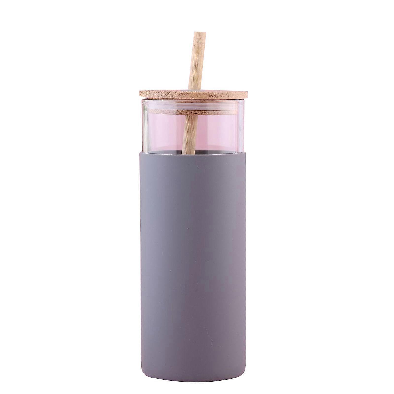 500ml Capacity Glass Water Bottle with Bamboo Lid and Straw Container for Home Office Traveling Coffee Beverage Heat-resistant  Cup  Gray