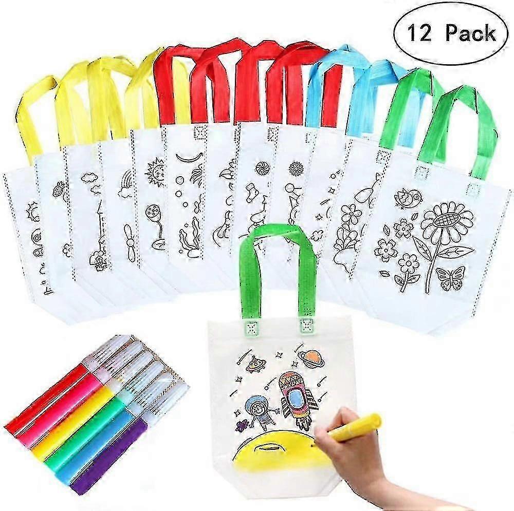 Coloring Bag, 12 Pcs Coloring Bag With 6 Pcs Pen For Kids Cloth Kids Birthday Gift Bag Reusable Handbags -n4863