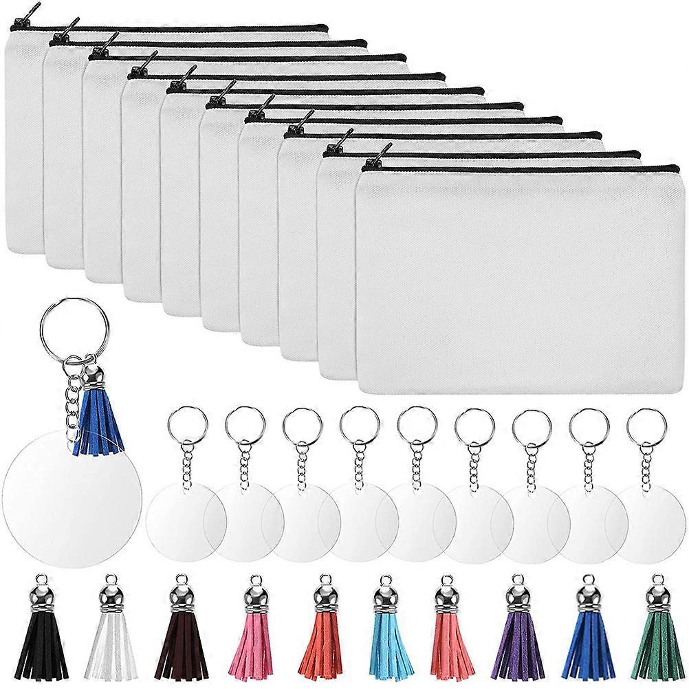 Thickened Canvas Zipper Pouch Set Blank Makeup & Toiletry Bags with Keychains & Tassels for DIY Sublimation, Travel & Daily Use