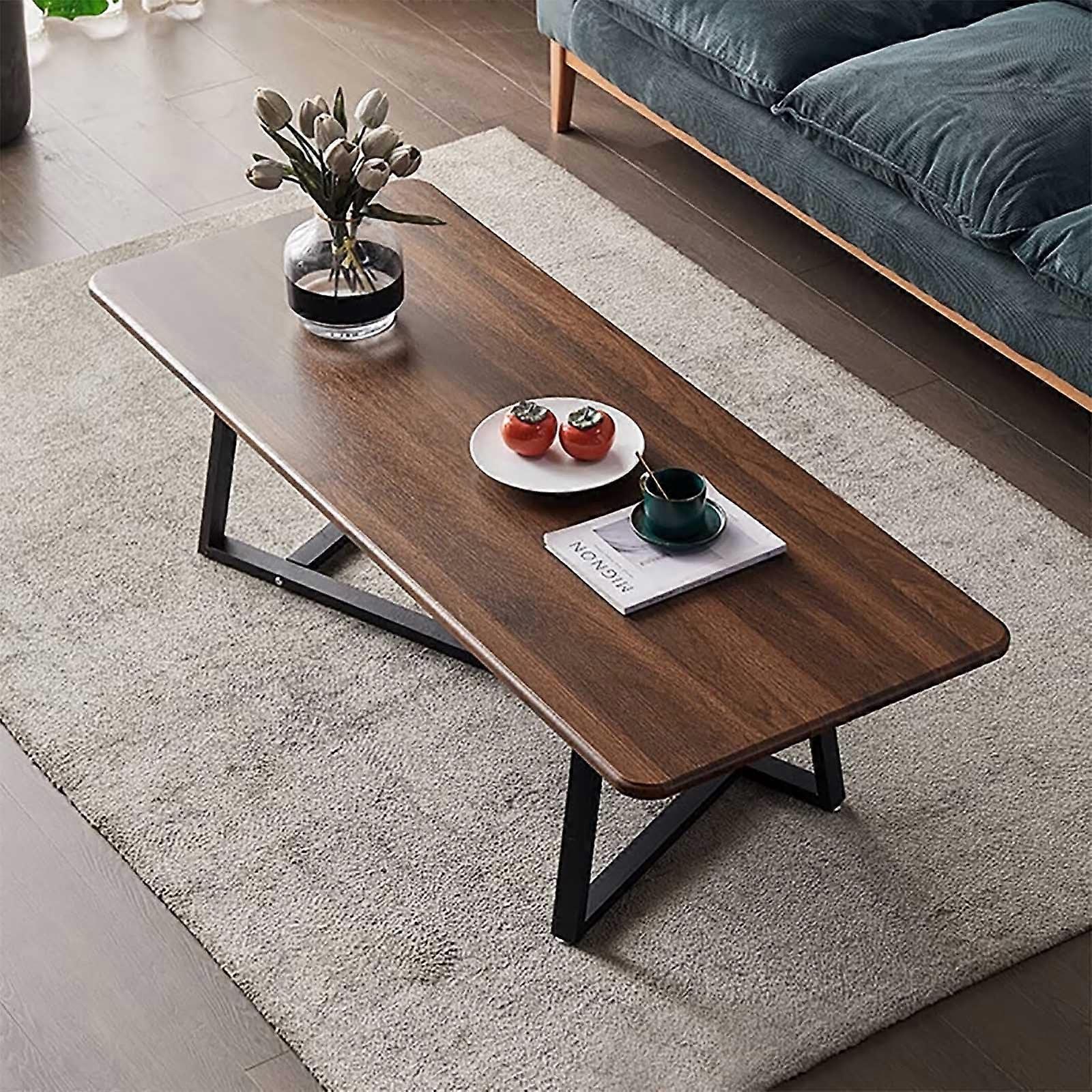 Walnut Wood Coffee Table, 100cm/120cm, Nordic Style, Black Metal Frame, Easy Assembly