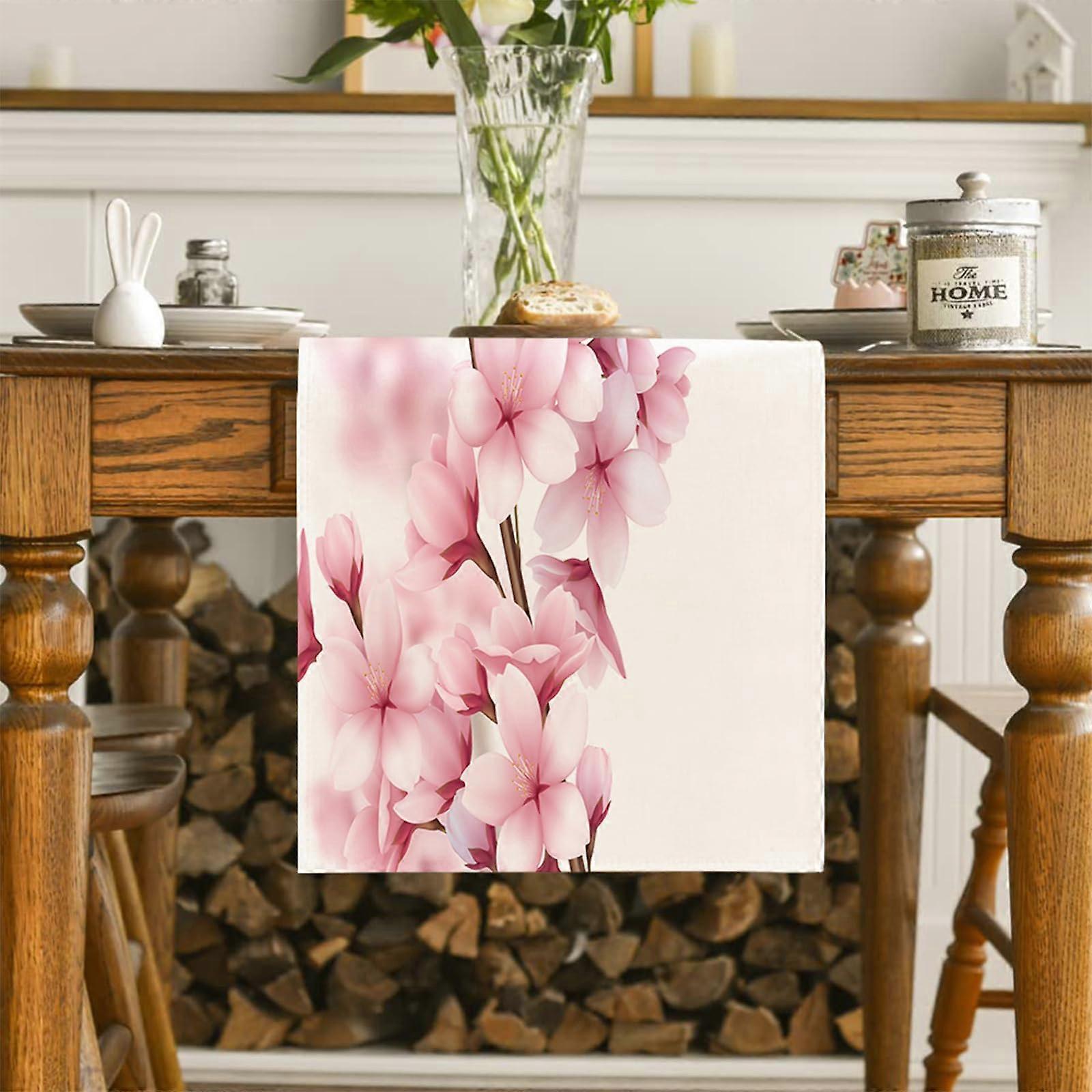 Modern Cherry Blossom Table Runner, Linen, Pink, Bright, 33 x 180 cm