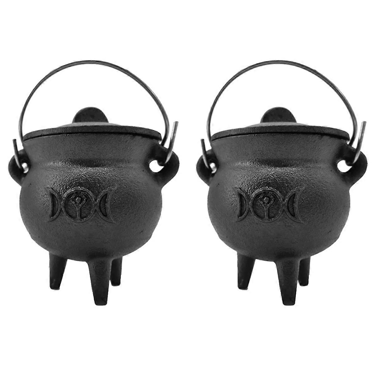 1Pcs Iron Cauldron with Lid Handle Moon Phase Witch Pot Incense