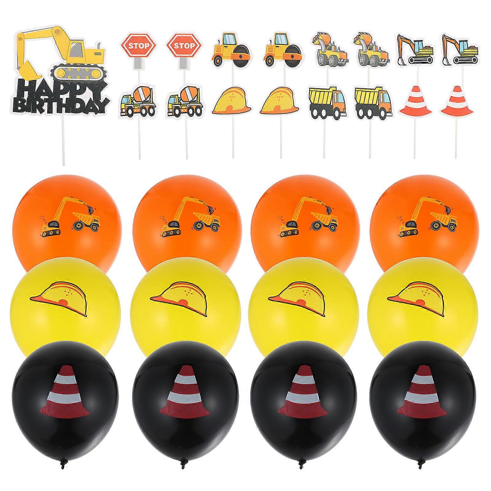 Construction Themed Balloons Excavator Construction Vehicle Latex Balloon and Cake Inserts Kit Birthday Parties Decoration 1Set
