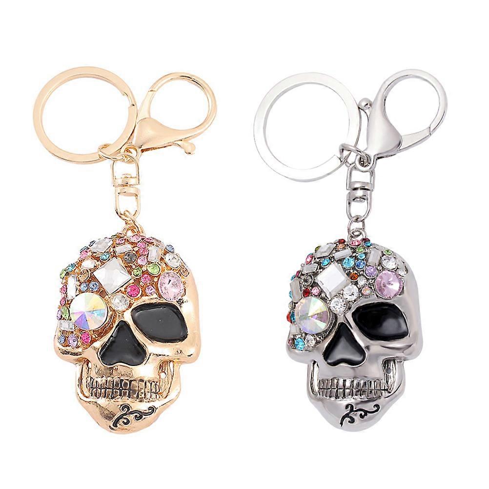 Rhinestone Inlaid Key Chain Skull Design Keychain Silver Tone Decorative Accessory for Everyday Use 2Pcs