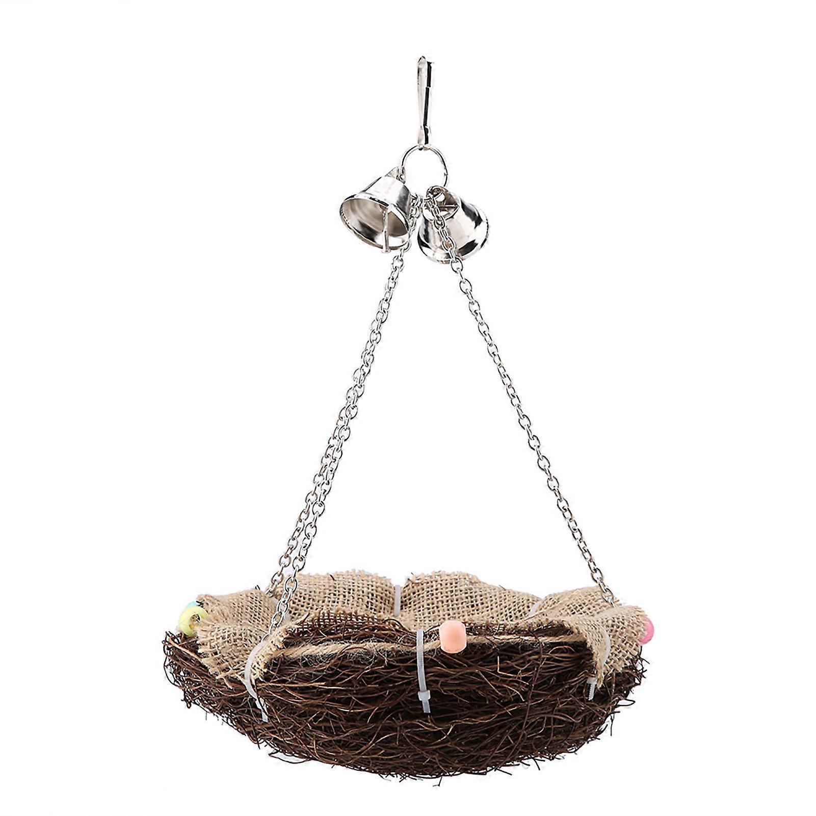 Rattan Birds Straw Nest Swing Hanging Toy with Three Chain Bells Toys