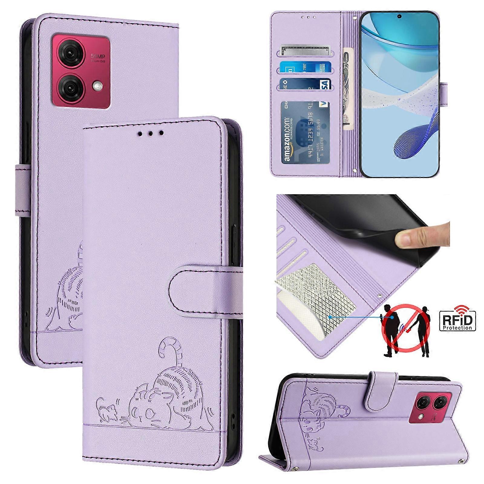 Cat Rat Embossed Pattern RFID Leather Phone Case with Lanyard