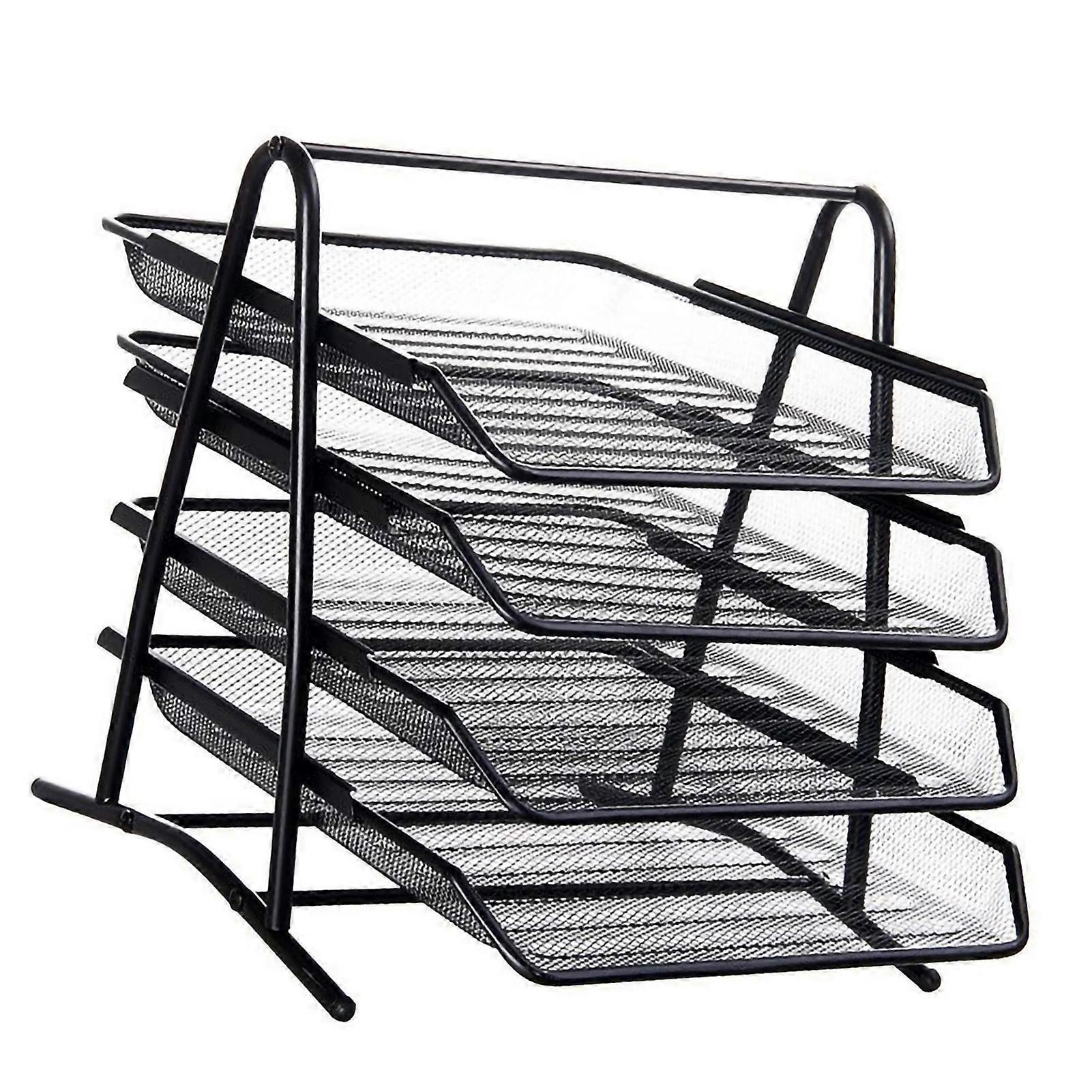Desk File Organizer 4 Compartments Durable Metal Mesh Simple Aasembly Desktop File Organizer 4 Compartments with Triangular Corner Black