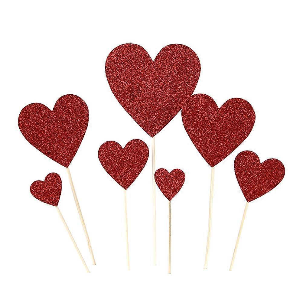 7pcs Red Glitter Heart Cupcake Toppers for Cake Decorating with Paper Material Suitable for