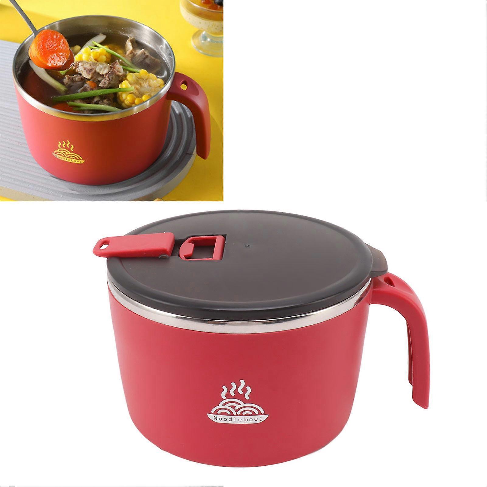 Stainless Steel Instant Noodle Bowl Seal Drain Soup Mug with Lid Phone Holder for Dormitory Office 1300ML Large Capacity Red 