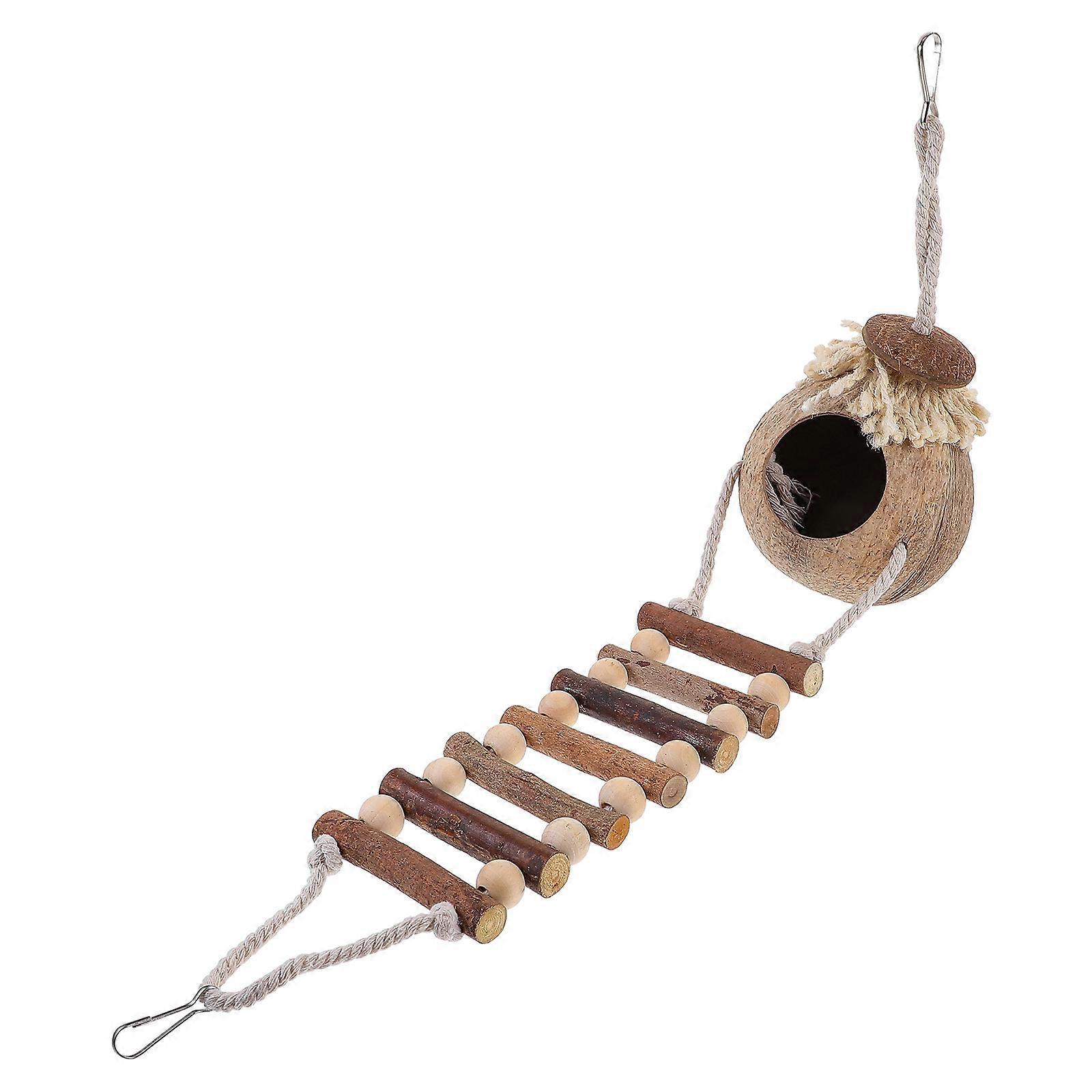 Natural Coconut Shell Hanging Bird Nest with Ladder – Lightweight Parrot Sleeping House for Caged Birds, Decorative Pet Resting Bed