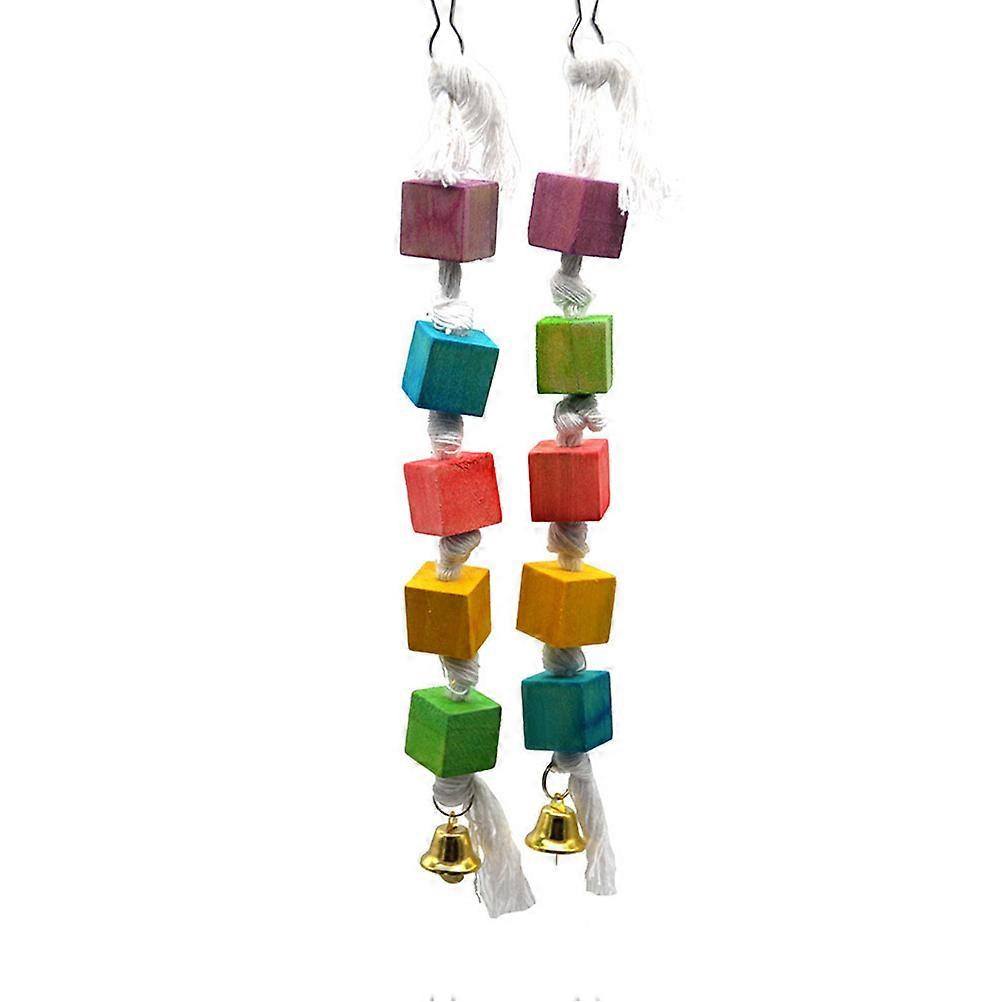 2pcs Hanging Bite Wood Block Toy Funny Square Wood Playing Toy Parrot Educational Bell Toy