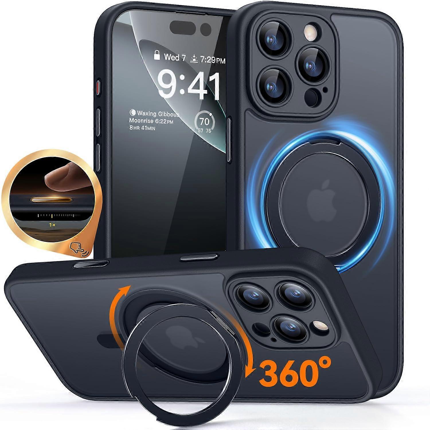 360° Stand for iPhone 16 Pro Case with Camera Protection and Control Button, MagSafe Compatible, Matt Black Z-Black Design