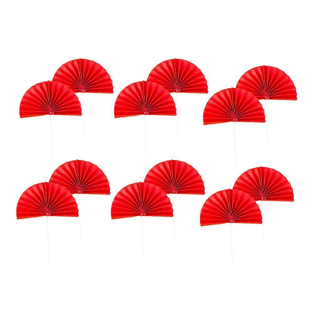 Red Paper Semicircle Folding Fan Design Cake Toppers for Birthday Party Decoration 12pcs