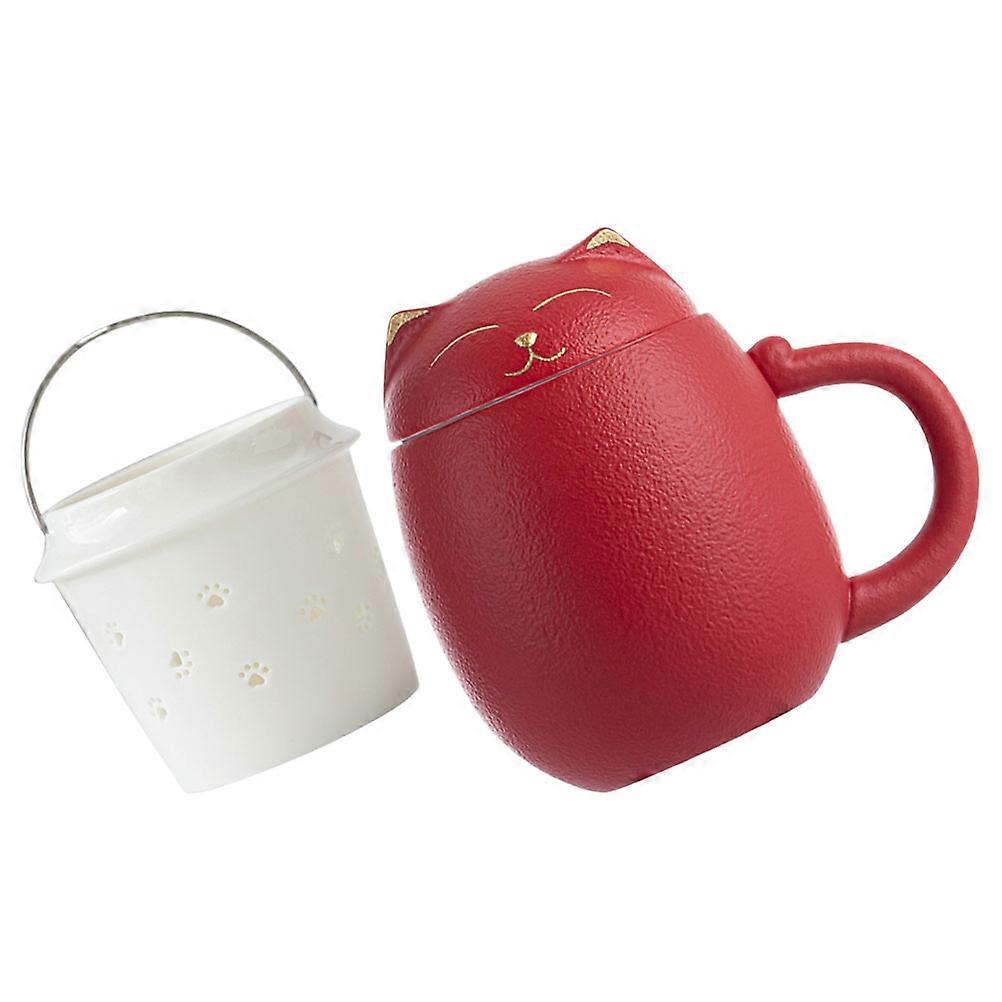Cute Ceramic Tea Cup With Lid Ideal For Cafe Enjoyment Crafted For Cat Lovers Suitable For Various Occasions In Red 1 Set