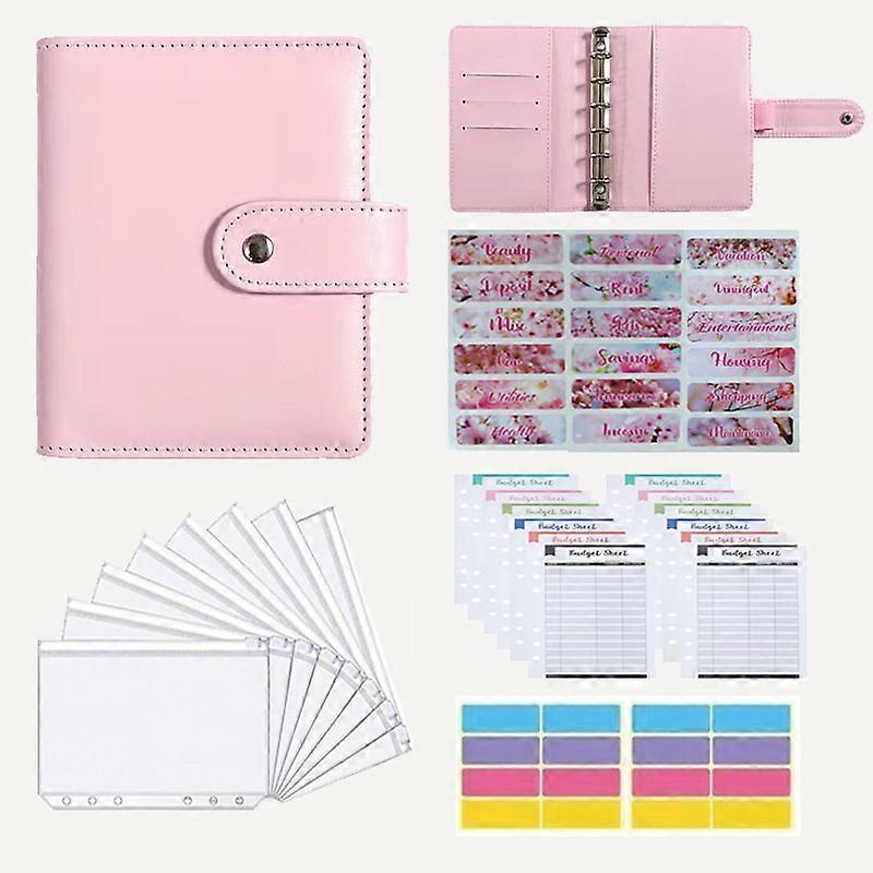Pink A7 PU Leather Notebook Binder - 12 Budget Sheets, Cash Envelope System for Savings