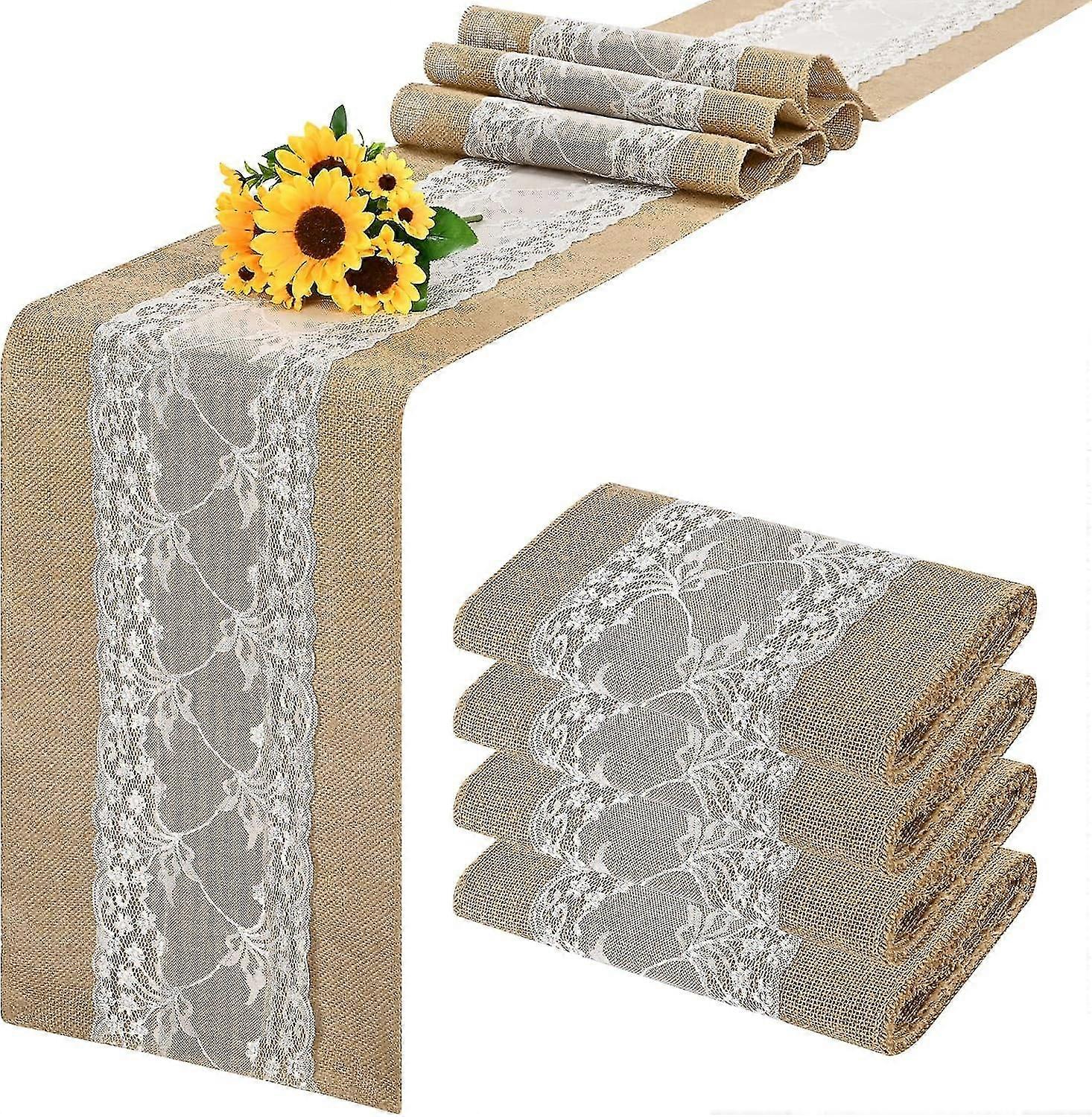 Rustic jute table runner with white lace, stain resistant