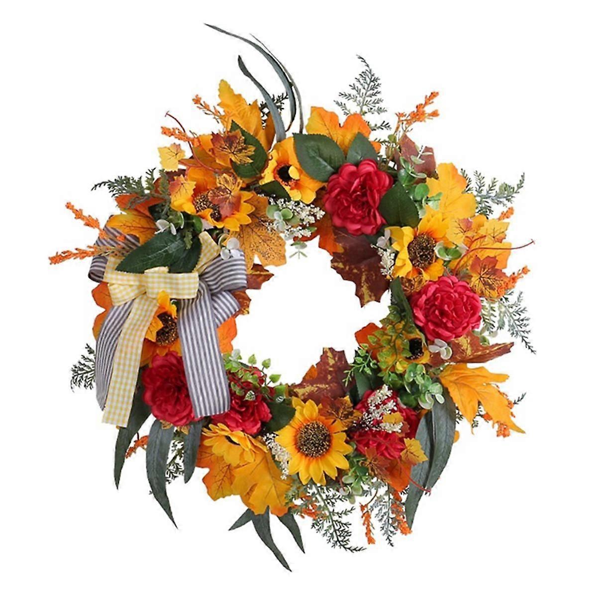 Fall Wreaths for Front Door, Sunflower Autumn Wreath, Pumpkins and Burlap Bows, for Farmhouse Indoo