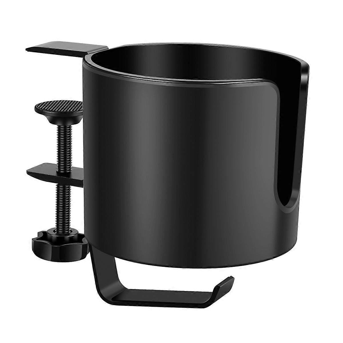 Desk Cup Holder Table Universal Adjustable Pgraded Arm Clamp Nonslip Storage Rack Clip on Coffee Bottles with Hook Black