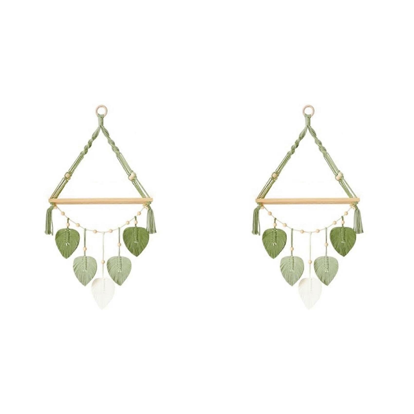 2X Macrame Wall Hanging Shelf-Boho Wall Plant Hanger Shelves with Handmade Woven Leaves, Rustic Wood Display Shelf