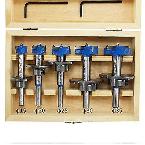 Forstner Drill Bit Set 1535mm, 5Piece Wood Auger Bits With Hex Shank, Blue, Includes Wrench For Power Tools