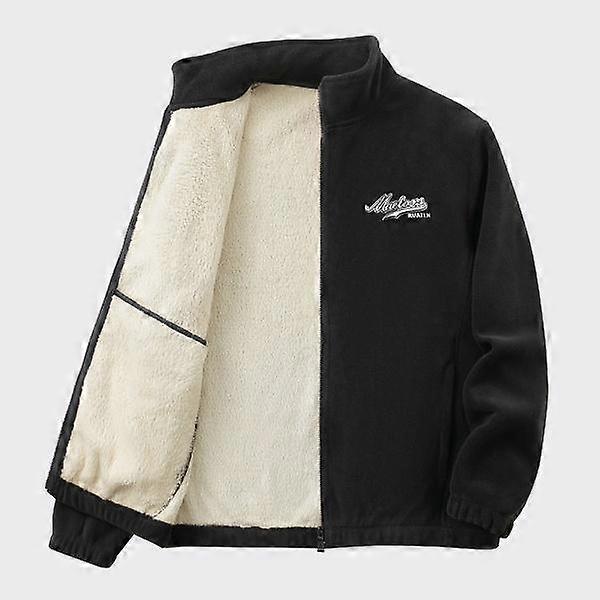 Men's Casual Fleece-Lined Zip-Up Jacket with Stand Collar Black and Beige Color Block Design Regular Fit Machine Washable Front Pockets Suit