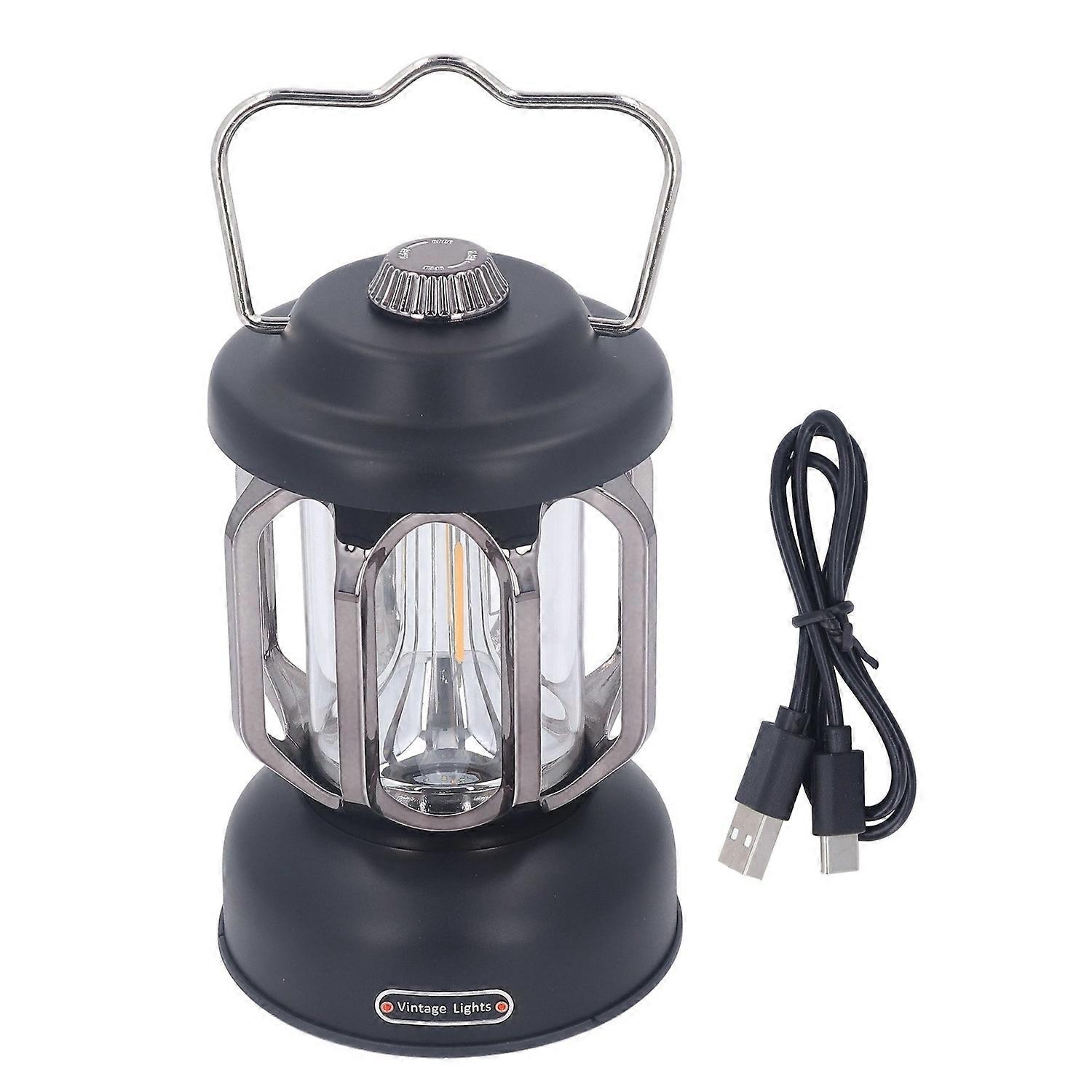 Retro Camping Lantern Vintage Camping Lamp Type C Rechargeable 3 Modes Dimmable with Hook Waterproof