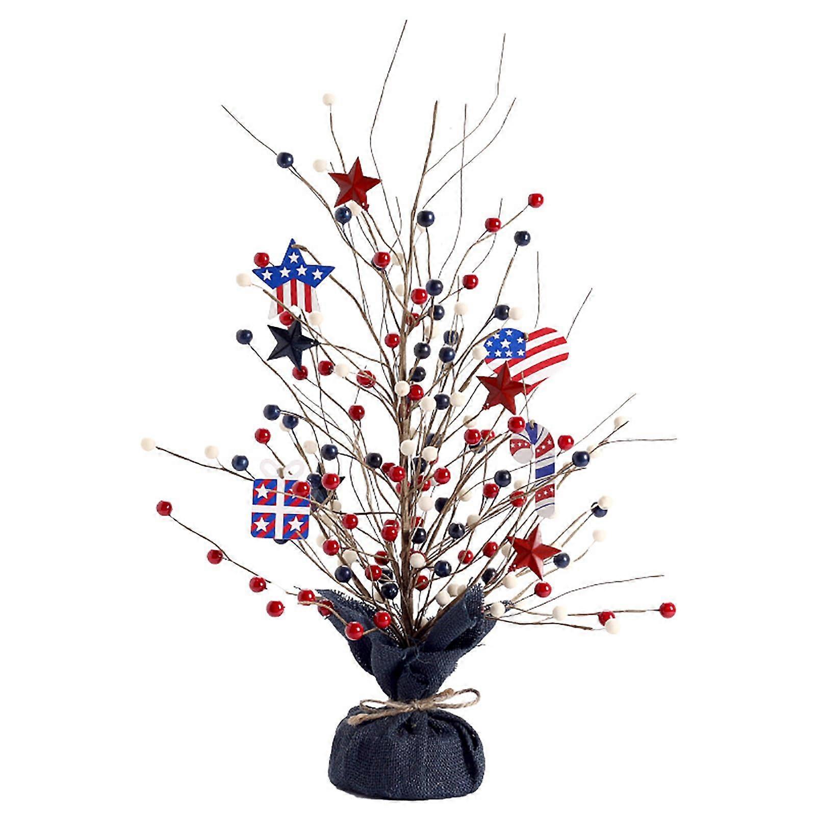 4th of July Patriotic Tabletop Tree with Burlap Base, Americana Berry and Star Decor for Independence Day Party