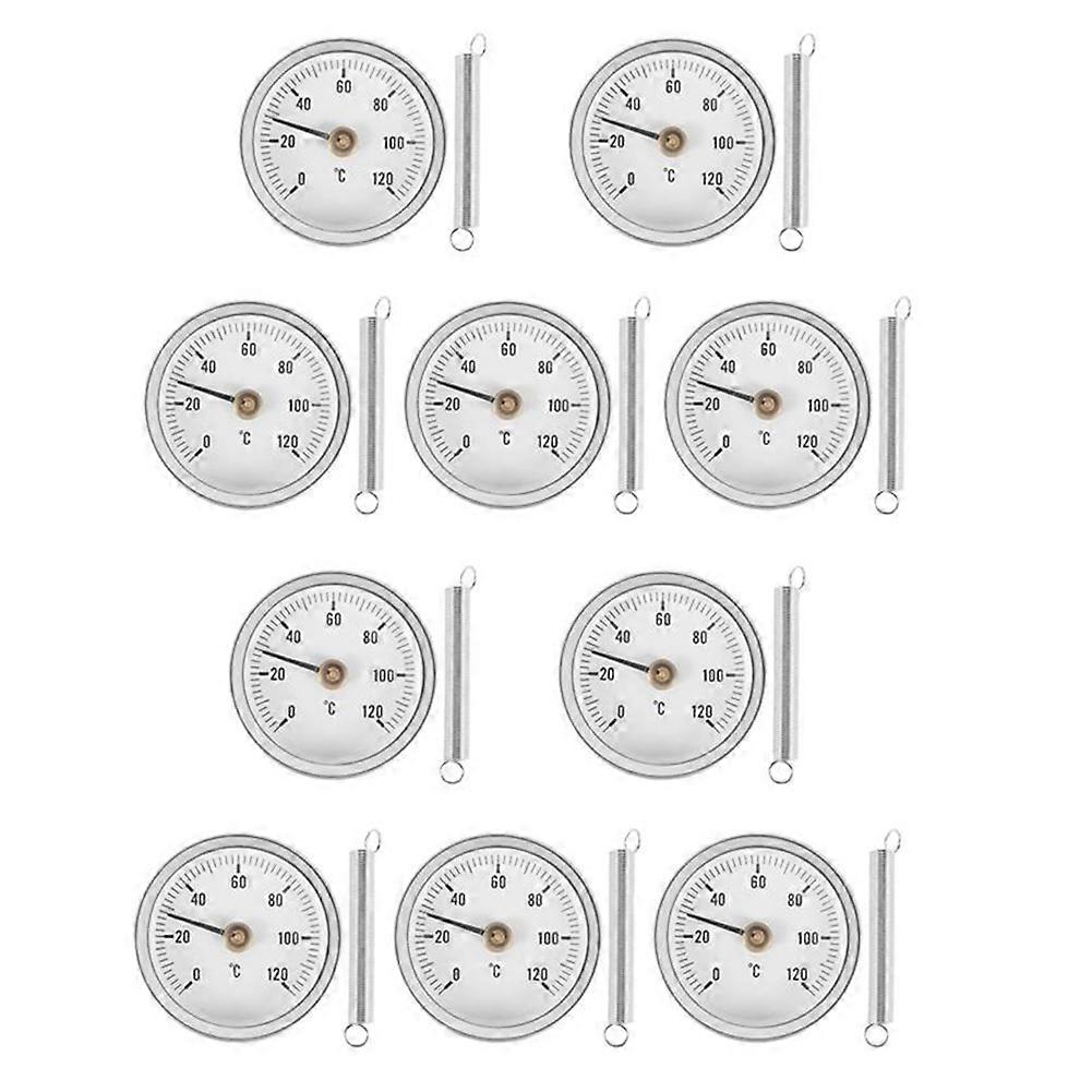 10 PCS 63mm Pipe Clip-on Dial Thermometer Temperature Round Plate Gauge with Spring,Range 0-120℃, Aluminum Case