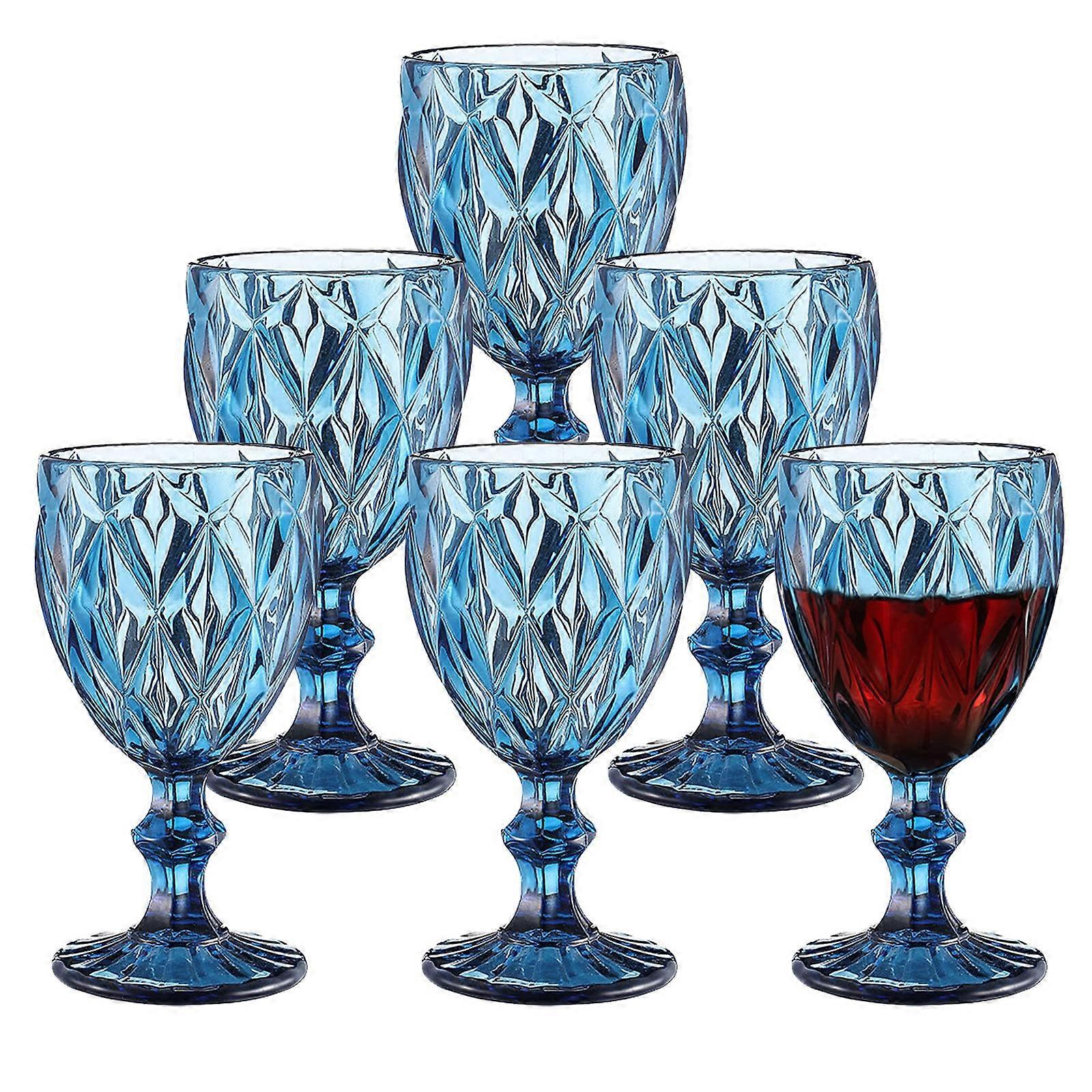 Vintage Crystal Wine Glasses Set of 6 with Embossed Pattern, Blue Stem Goblets for Wedding, Party, Bar Drinks