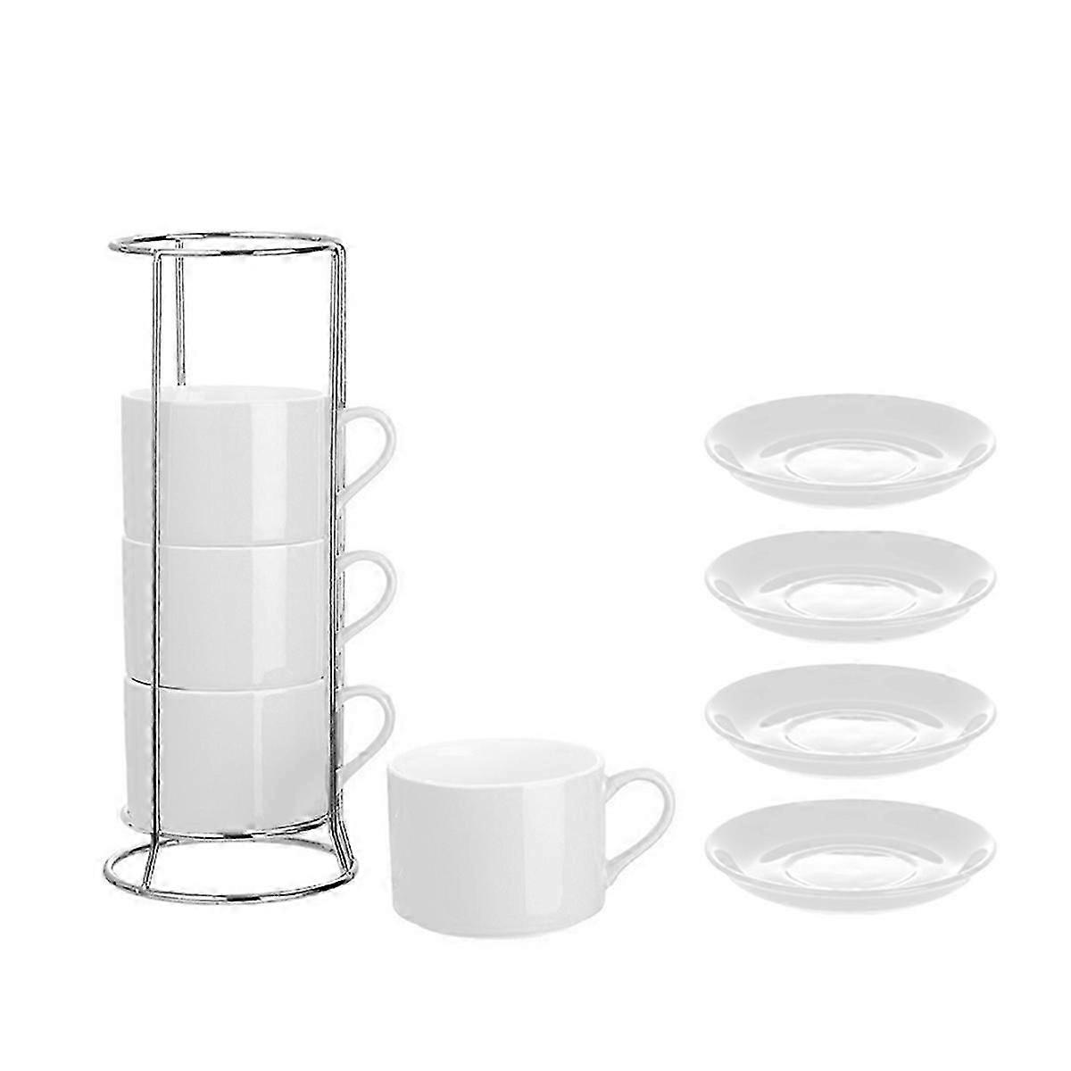 Porcelain Stackable Cappuccino Cups with Saucers and Metal Stand, D