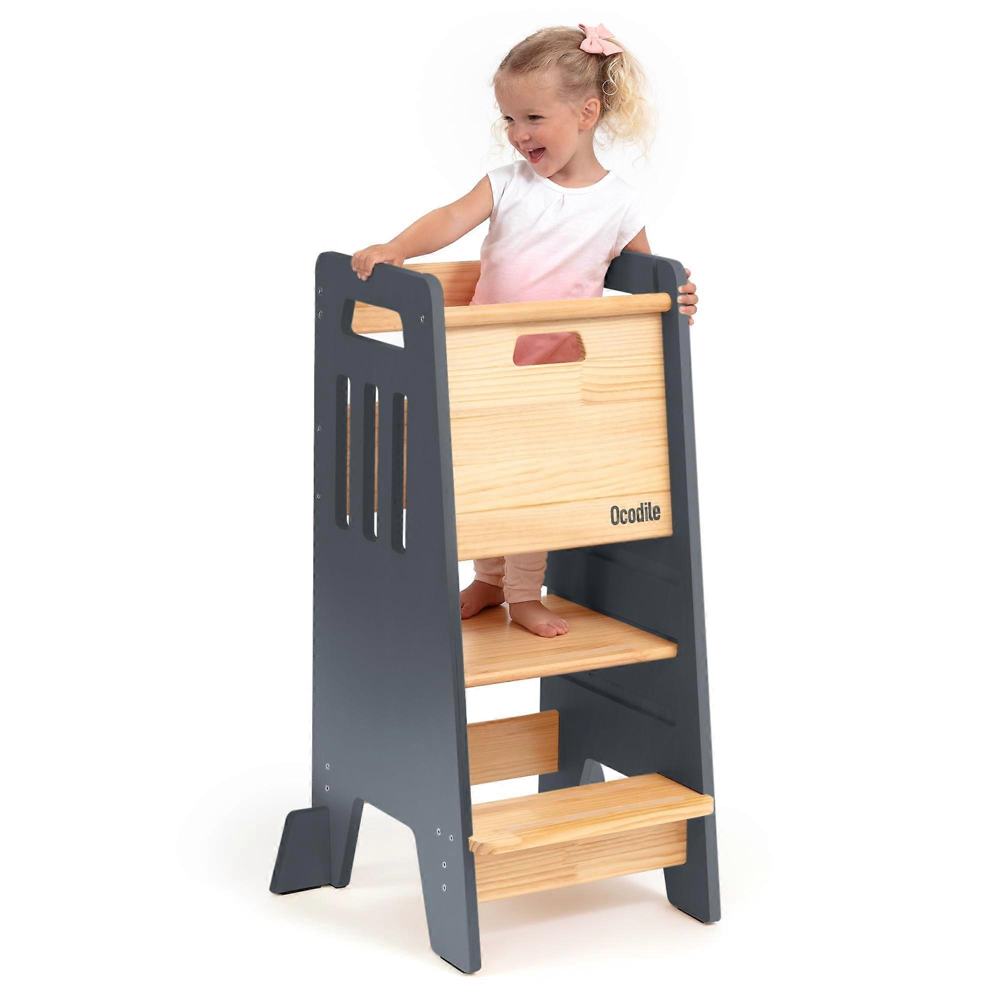 Kids Kitchen Step Stool with 3 Adjustable Heights, Safe Wooden Learning Tower, Gray