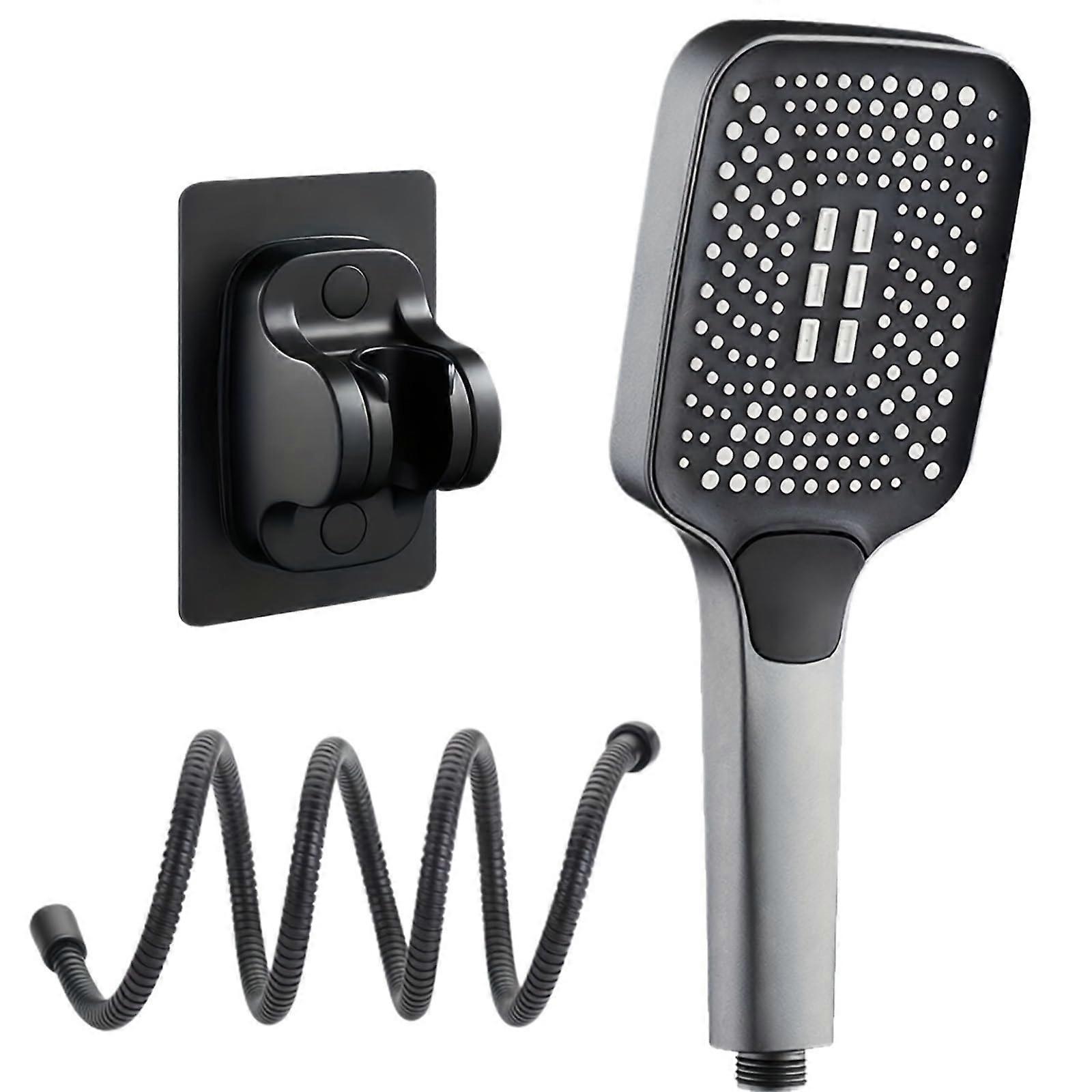 3pcs  Pressure Square Handheld Shower Head Set with 3 Spray Modes Hose and Holder Black